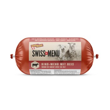 Rote zylindrische Verpackung von DeliBest Swiss Menu Hundefutter, beschriftet mit "Rind-Menu mit Reis," mit zwei Hunden und Zutatenangaben.